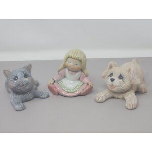 Vintage Ceramic Figurines Set Of 3: Girl With Dog & Cat Collectible Home Decor‎